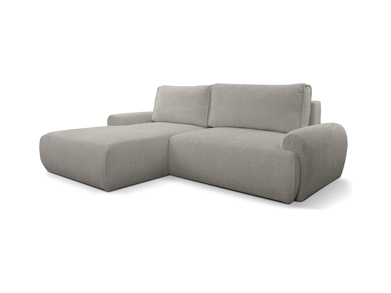 Canapé d'angle Moon avec fonction couchage et coffre de rangement, couleur : gris, tissu bouclé, pouf à gauche