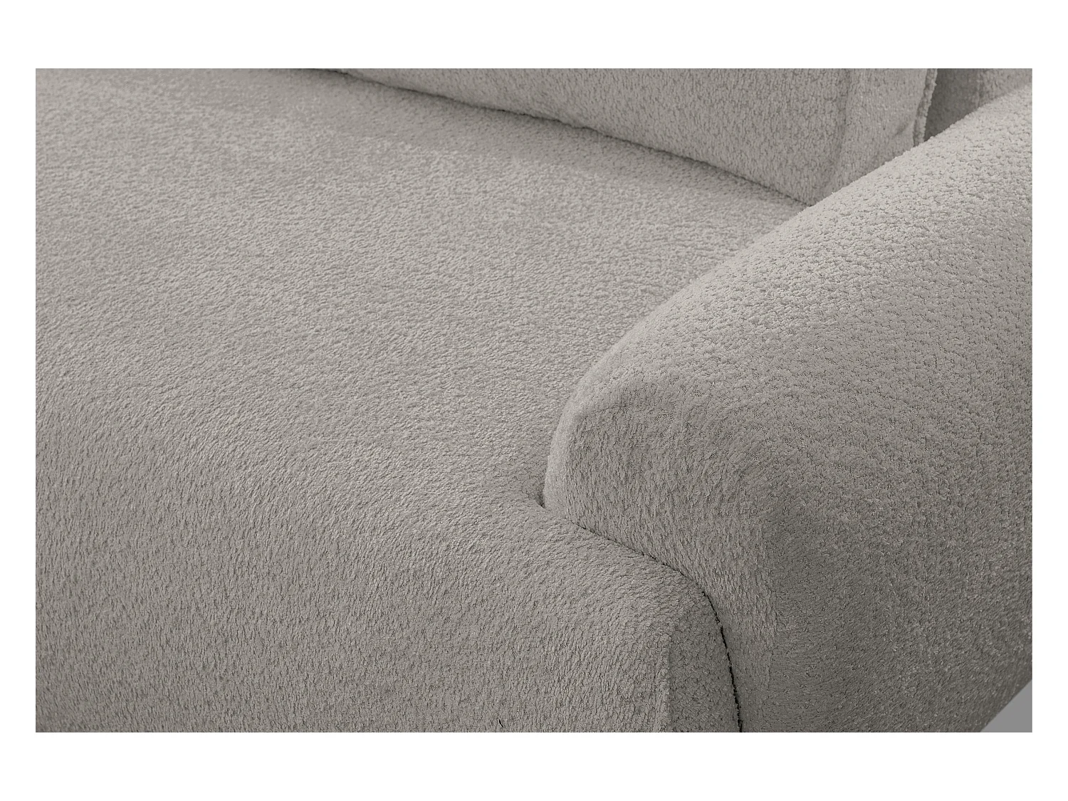 Canapé d'angle Moon avec fonction couchage et coffre de rangement, couleur : gris, tissu bouclé, pouf à gauche