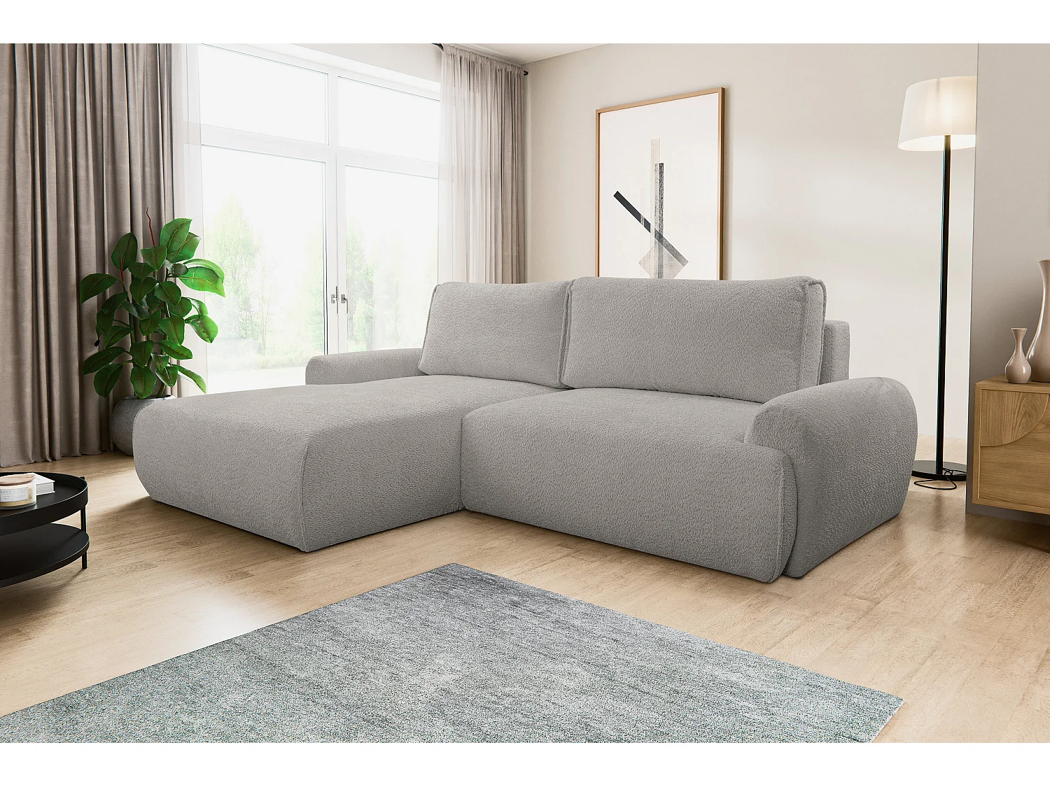 Canapé d'angle Moon avec fonction couchage et coffre de rangement, couleur : gris, tissu bouclé, pouf à gauche