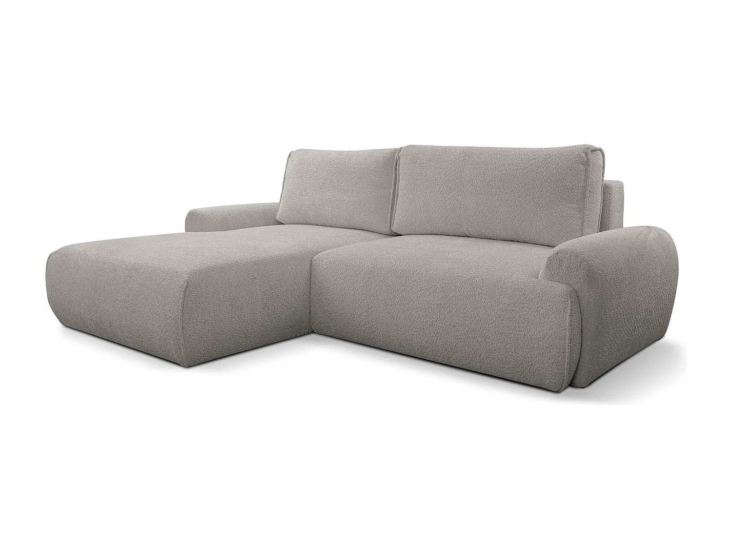 Canapé d'angle Moon avec fonction couchage et coffre de rangement, couleur : gris, tissu bouclé, pouf à gauche