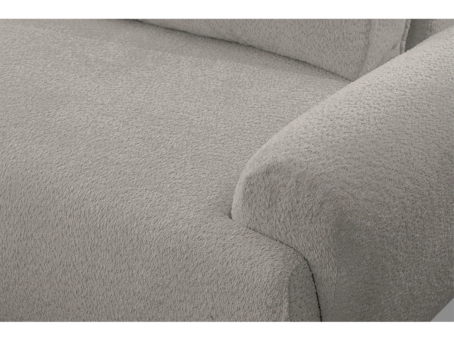 Canapé d'angle Moon avec fonction couchage et coffre de rangement, couleur : gris, tissu bouclé, pouf à gauche