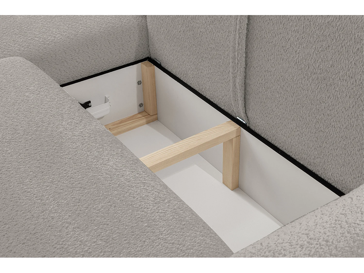 Canapé d'angle Moon avec fonction couchage et coffre de rangement, couleur : gris, tissu bouclé, pouf à gauche