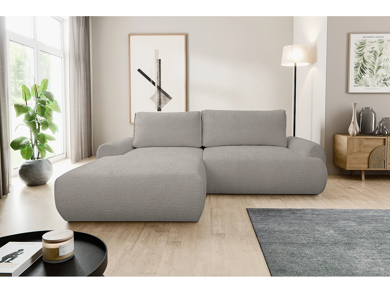 Canapé d'angle Moon avec fonction couchage et coffre de rangement, couleur : gris, tissu bouclé, pouf à gauche