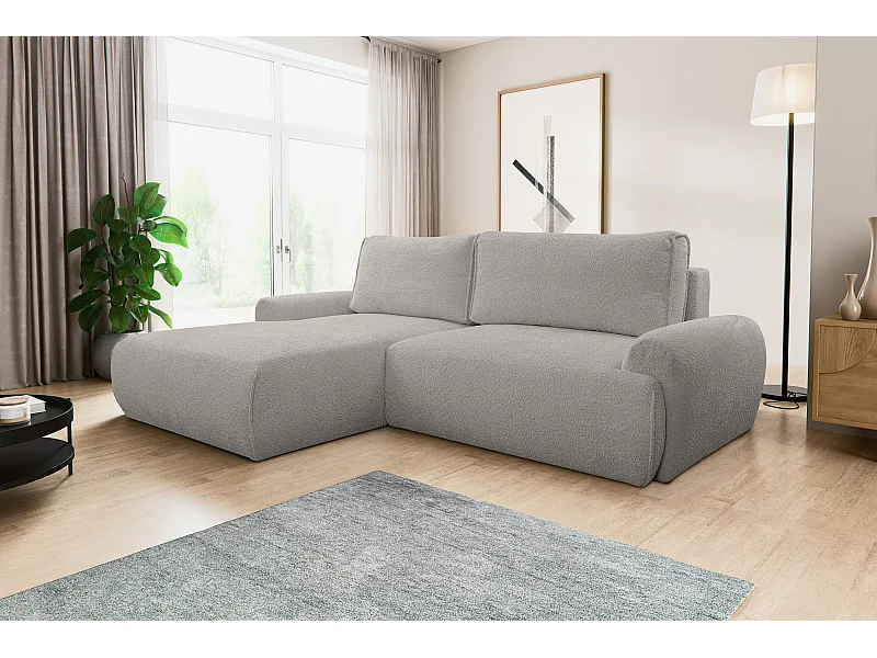 Canapé d'angle Moon avec fonction couchage et coffre de rangement, couleur : gris, tissu bouclé, pouf à gauche