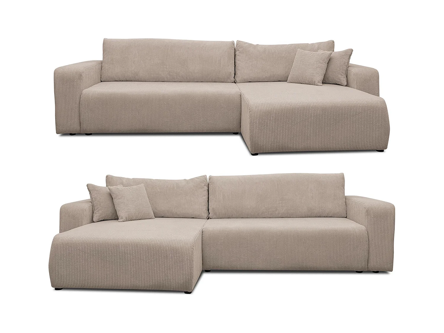 Canapé d'angle Luna XL avec fonction couchage et coffre de rangement, couleur : beige, tissu cordé, ottomane à gauche ou à droite