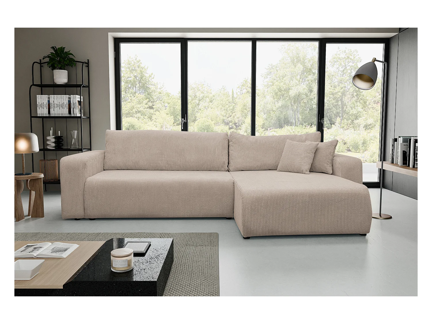 Canapé d'angle Luna XL avec fonction couchage et coffre de rangement, couleur : beige, tissu cordé, ottomane à gauche ou à droite
