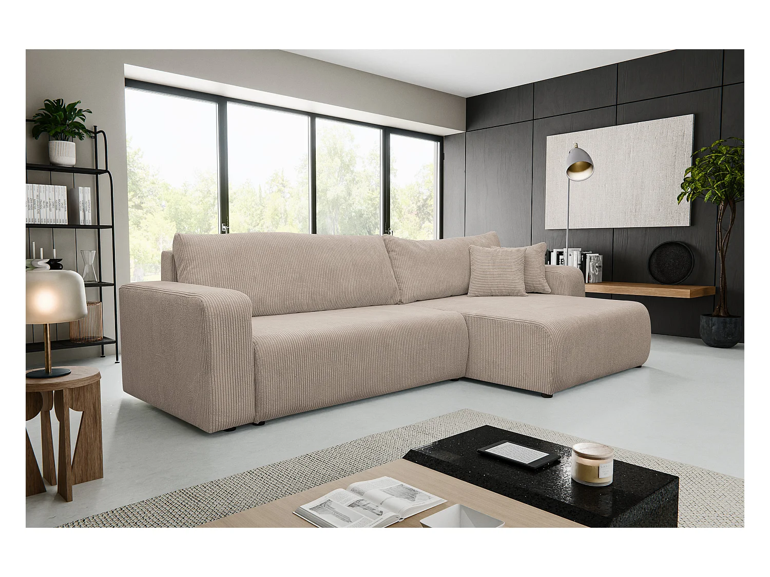 Hoekbank Luna XL, hoekbank in L-vorm met slaapfunctie en bedbak, kleur: beige, corduroy, ottomane links of rechts