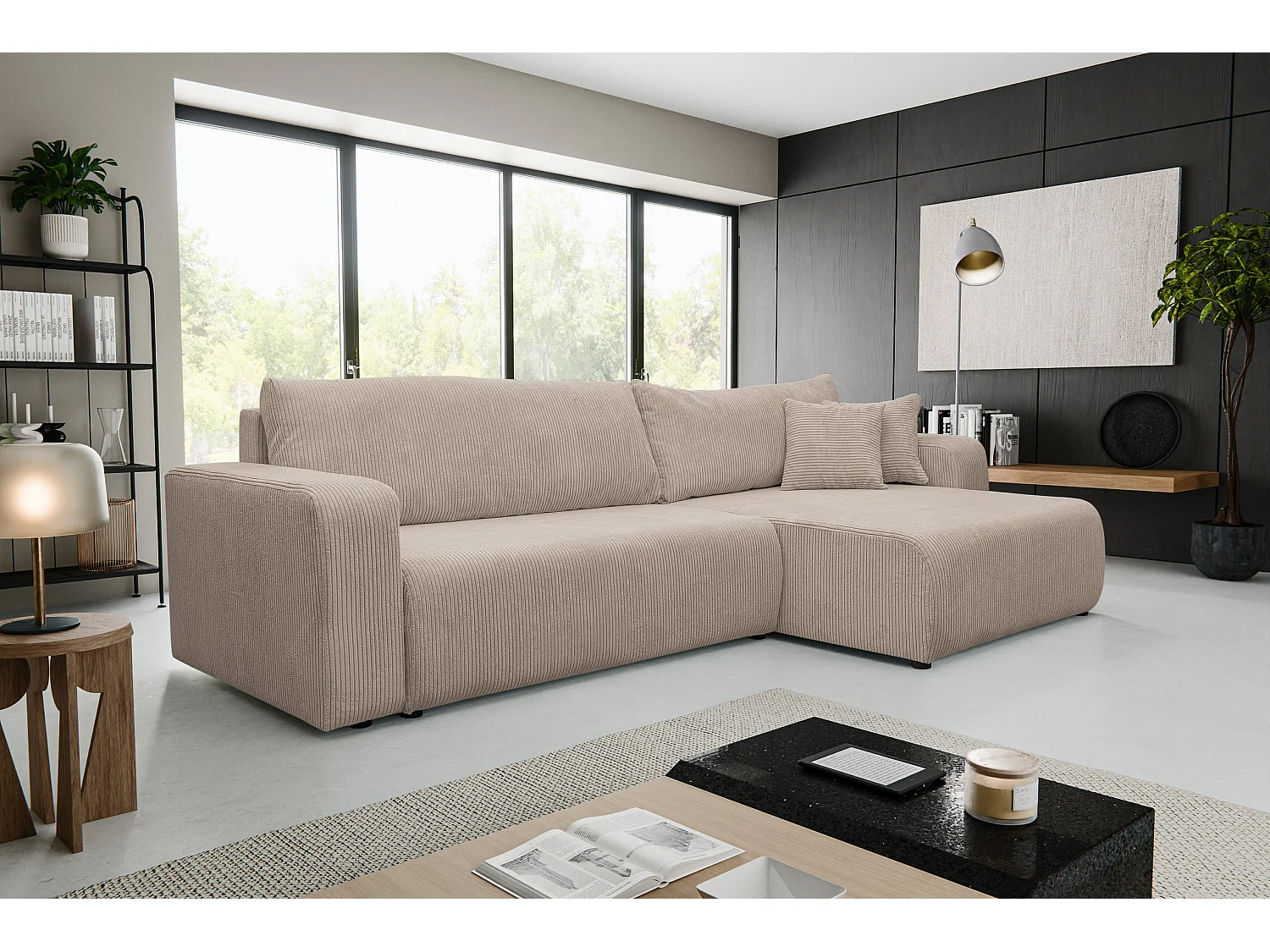 Canapé d'angle Luna XL avec fonction couchage et coffre de rangement, couleur : beige, tissu cordé, ottomane à gauche ou à droite