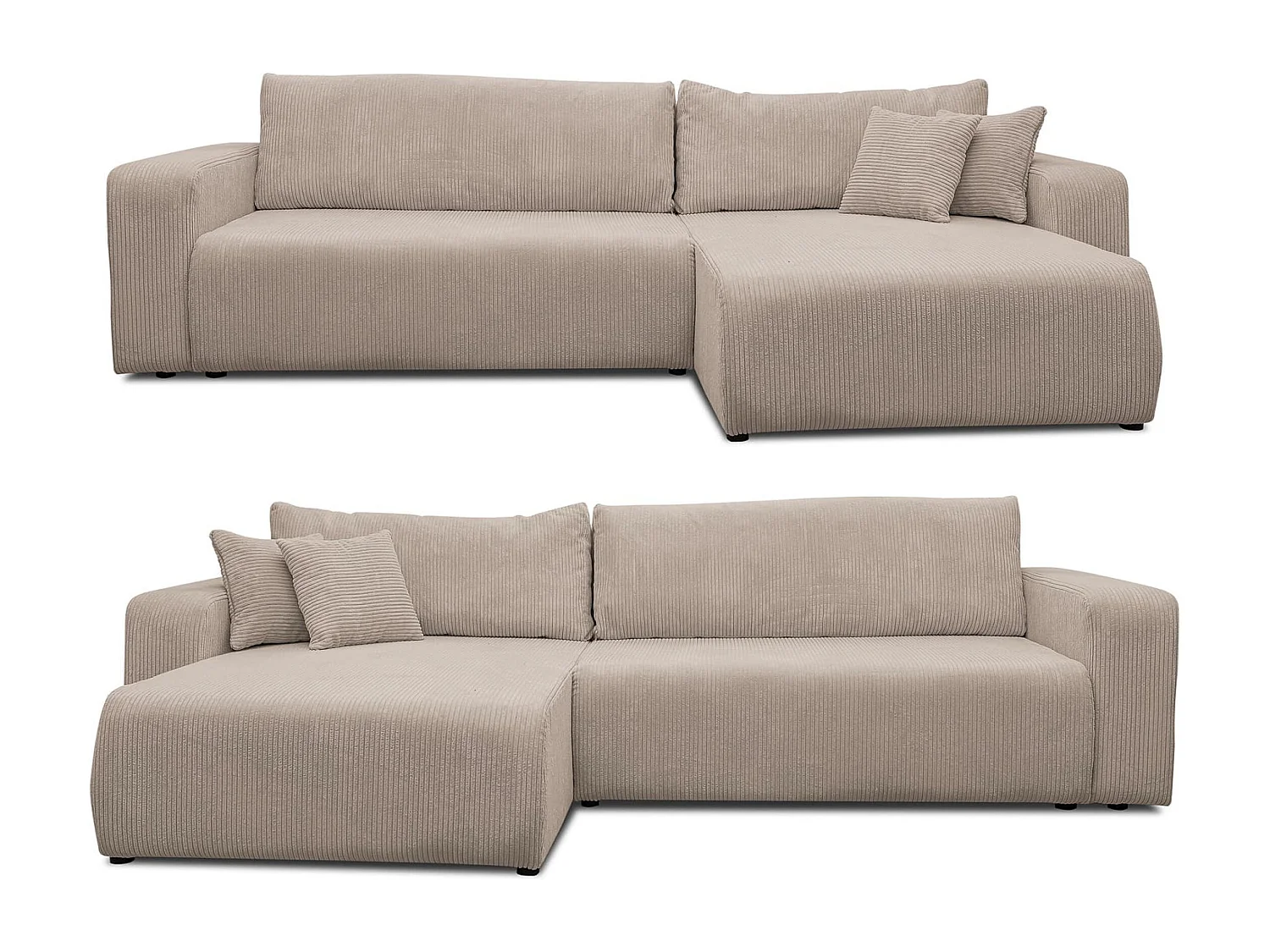 Canapé d'angle Luna XL avec fonction couchage et coffre de rangement, couleur : beige, tissu cordé, ottomane à gauche ou à droite