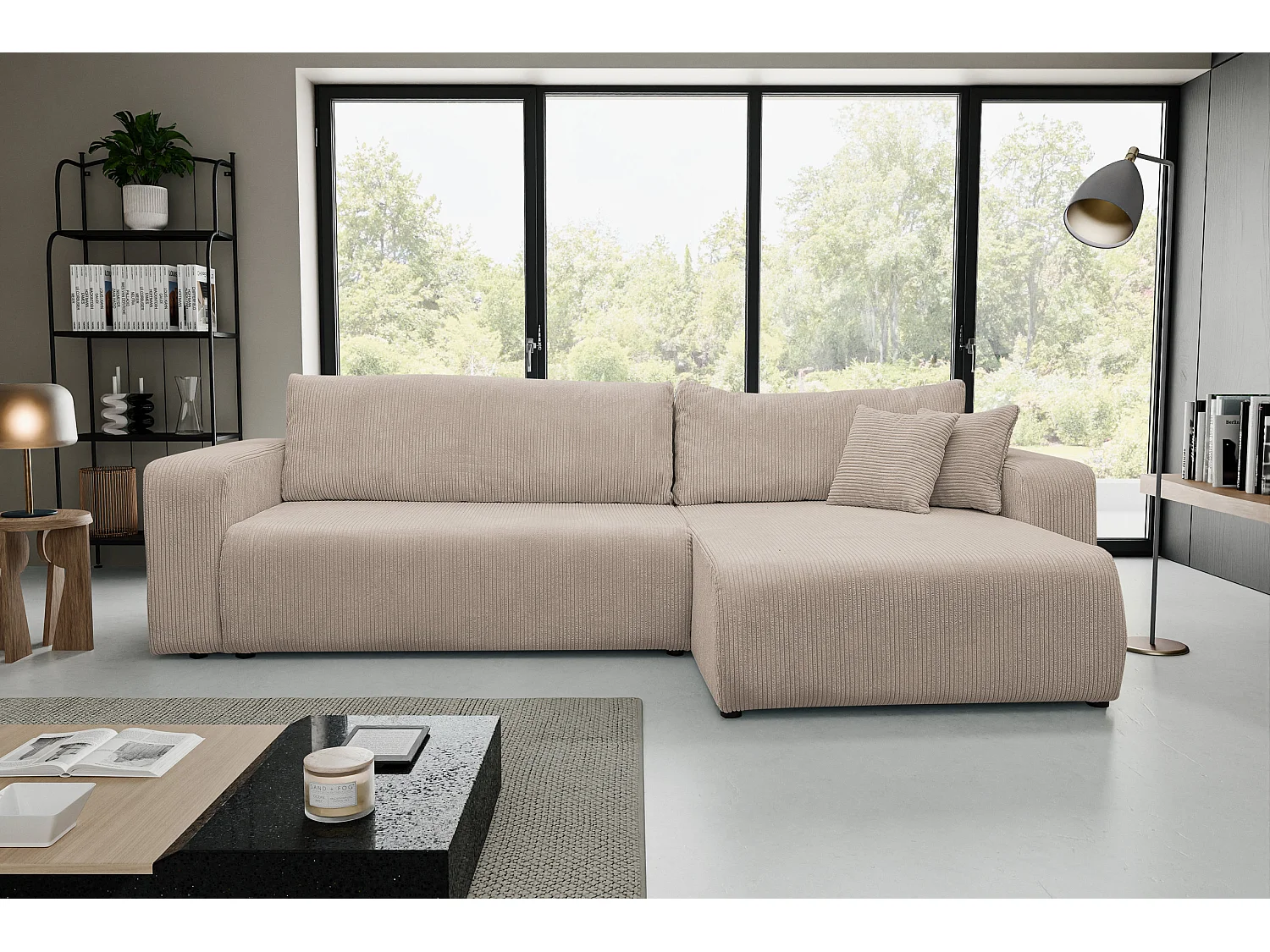 Canapé d'angle Luna XL avec fonction couchage et coffre de rangement, couleur : beige, tissu cordé, ottomane à gauche ou à droite