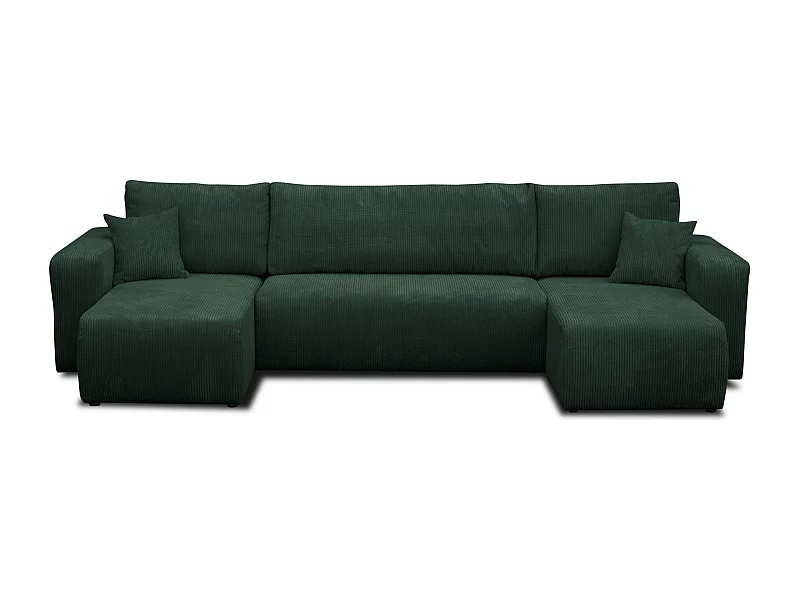 Ensemble de salon Luna U, canapé en U avec fonction couchage et coffre de rangement, couleur : vert, tissu en velours côtelé