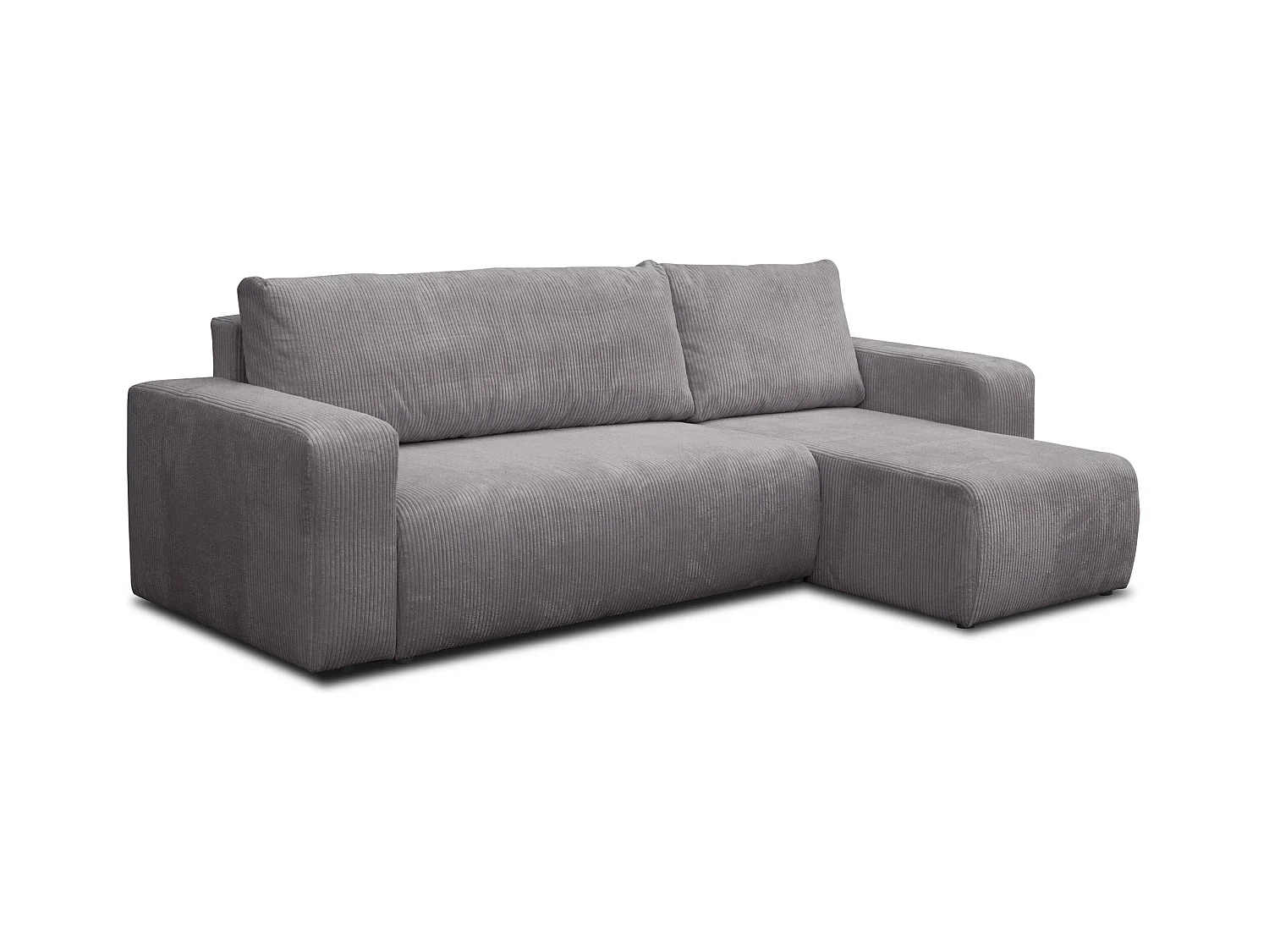 Canapé d'angle Luna L avec fonction couchage et coffre de rangement, couleur : gris foncé, tissu cordé, pouf universel