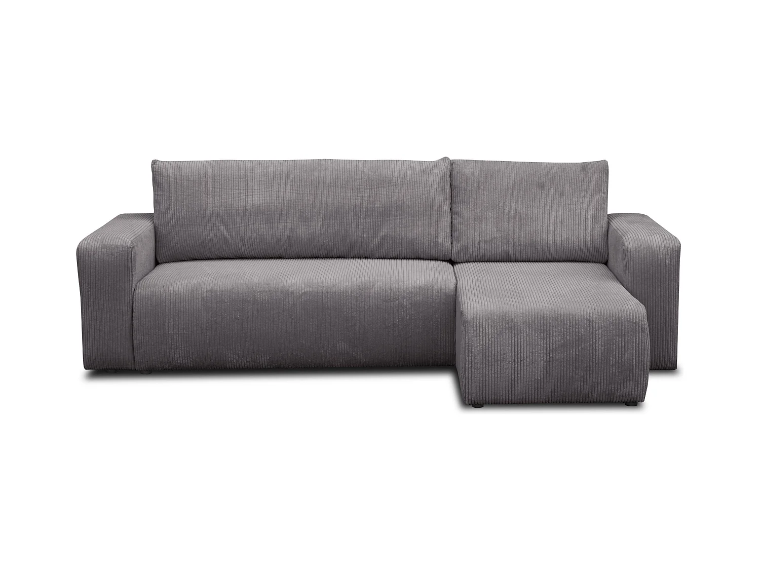 Canapé d'angle Luna L avec fonction couchage et coffre de rangement, couleur : gris foncé, tissu cordé, pouf universel