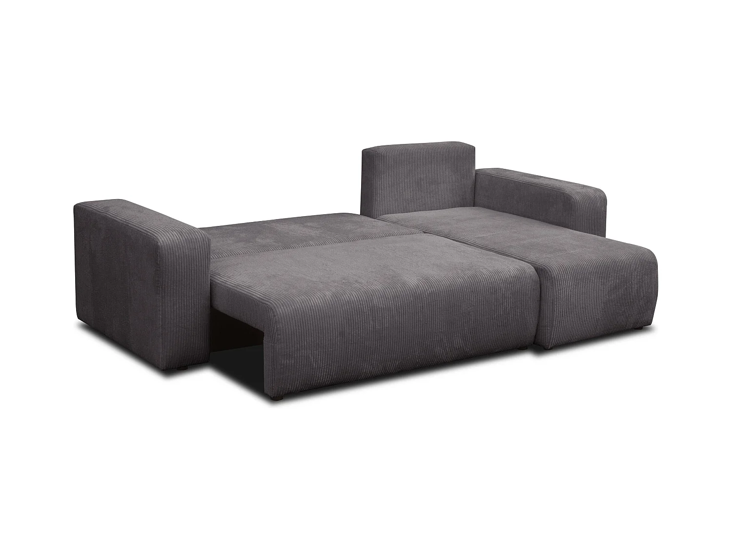 Canapé d'angle Luna L avec fonction couchage et coffre de rangement, couleur : gris foncé, tissu cordé, pouf universel