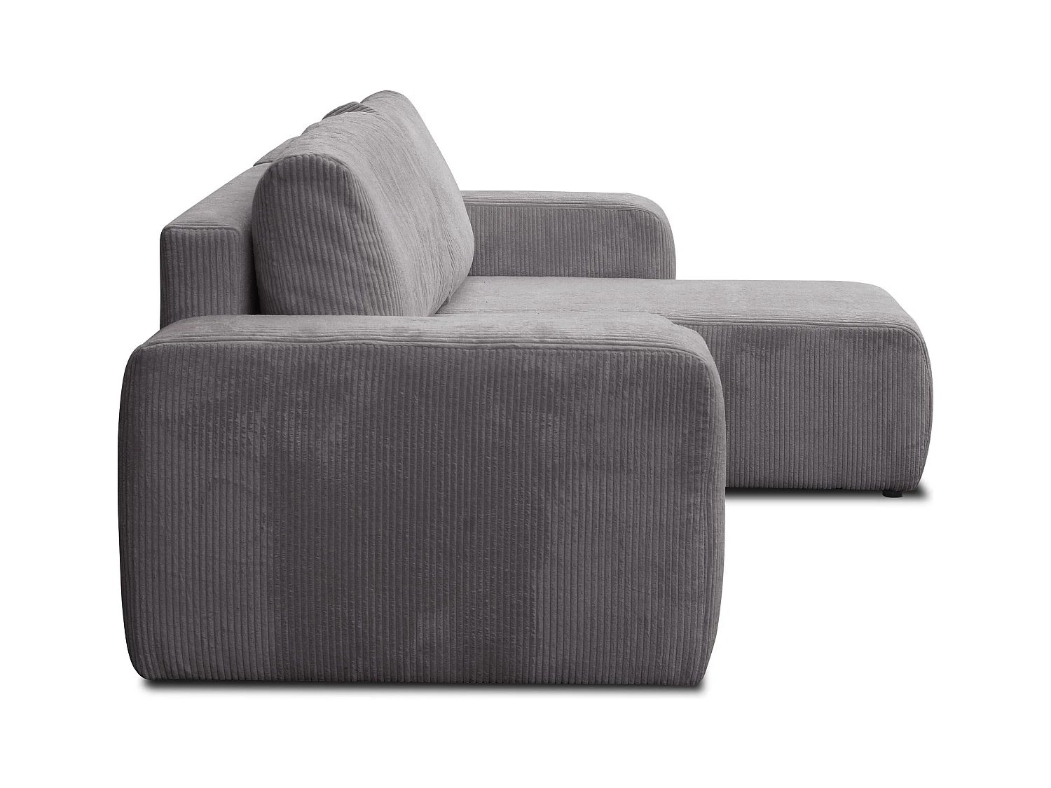 Canapé d'angle Luna L avec fonction couchage et coffre de rangement, couleur : gris foncé, tissu cordé, pouf universel