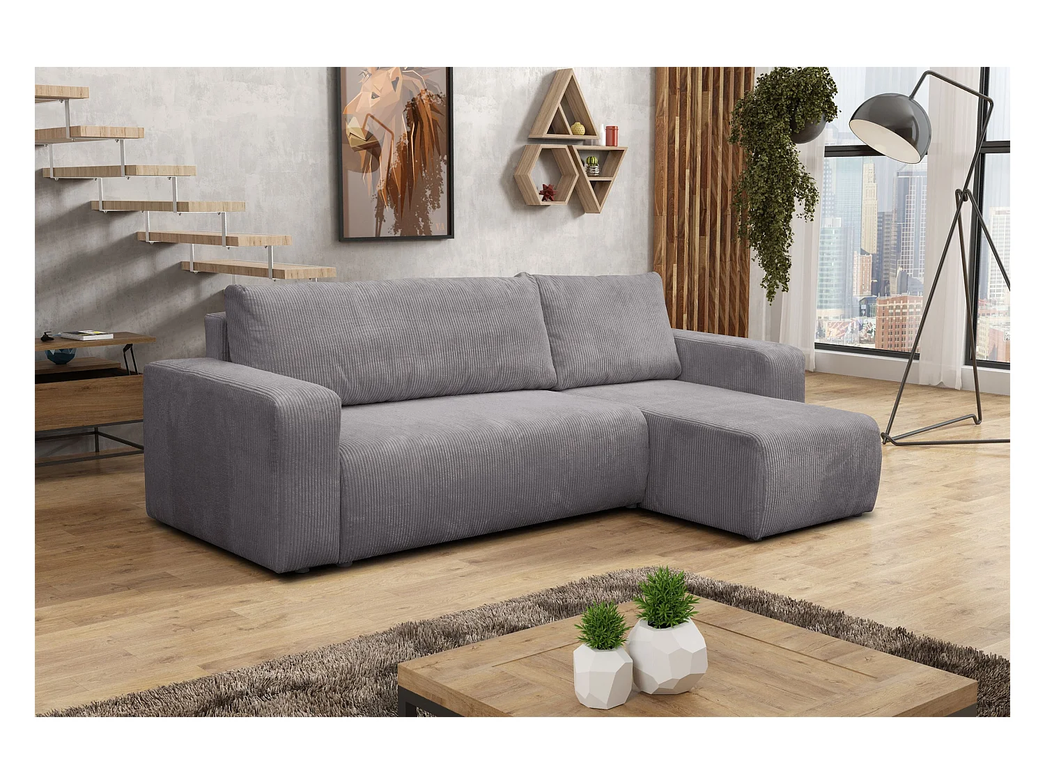 Hoekbank Luna L, hoekbank in L-vorm met slaapfunctie en bedbak, kleur: donkergrijs, corduroy, universele ottomane