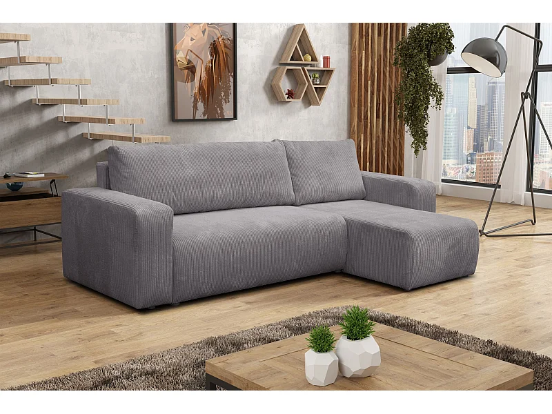 Hoekbank Luna L, hoekbank in L-vorm met slaapfunctie en bedbak, kleur: donkergrijs, corduroy, universele ottomane