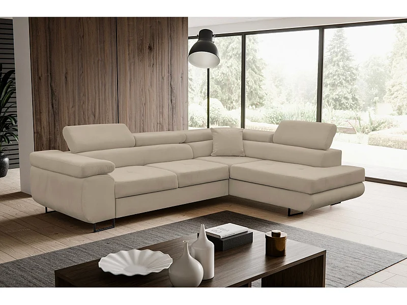 Canapé d'angle Jerry avec fonction couchage et coffre de rangement, couleur : beige, tissu velours, pouf à droite