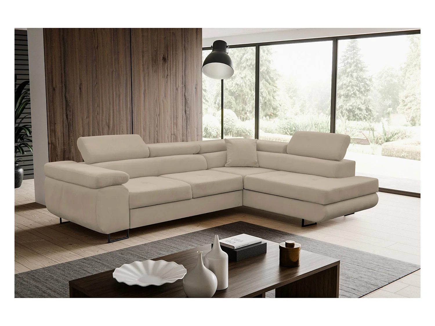 Canapé d'angle Jerry avec fonction couchage et coffre de rangement, couleur : beige, tissu velours, pouf à droite