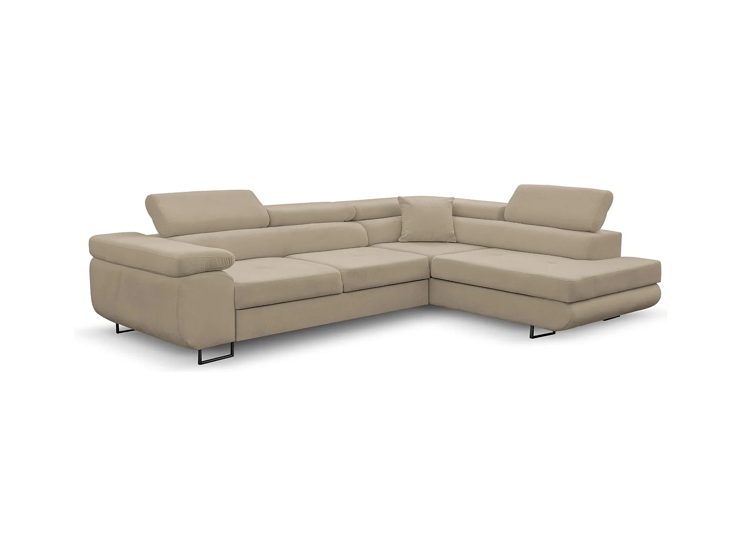 Canapé d'angle Jerry avec fonction couchage et coffre de rangement, couleur : beige, tissu velours, pouf à droite