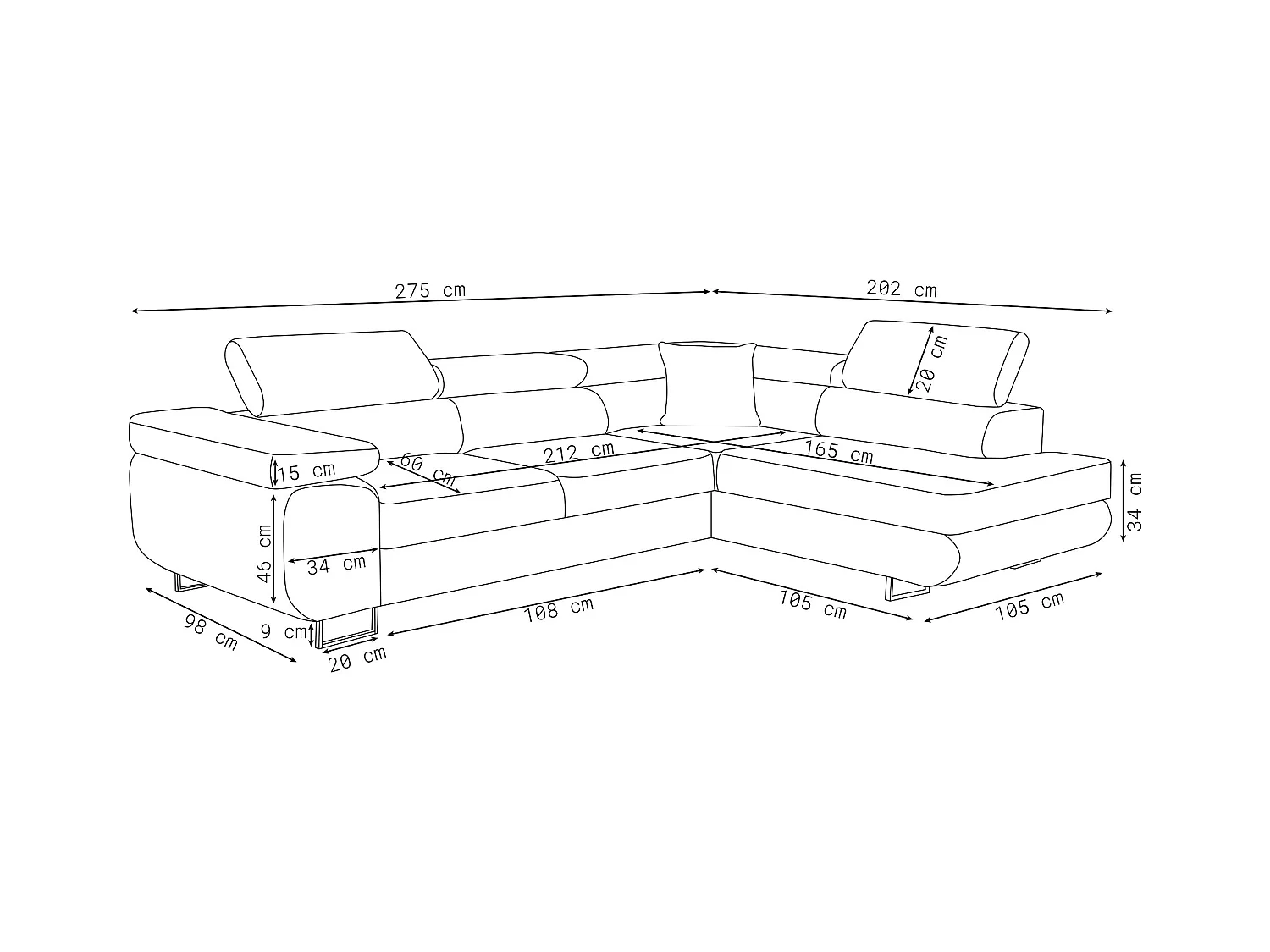 Canapé d'angle Jerry avec fonction couchage et coffre de rangement, couleur : beige, tissu velours, pouf à droite