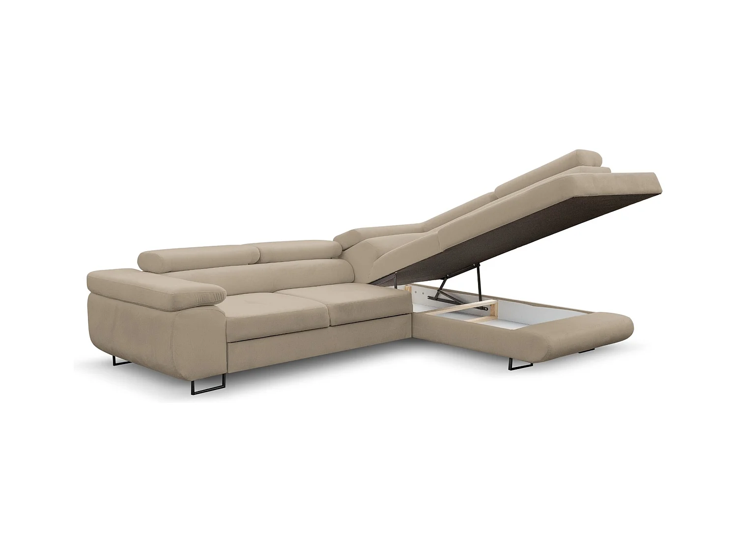 Canapé d'angle Jerry avec fonction couchage et coffre de rangement, couleur : beige, tissu velours, pouf à droite