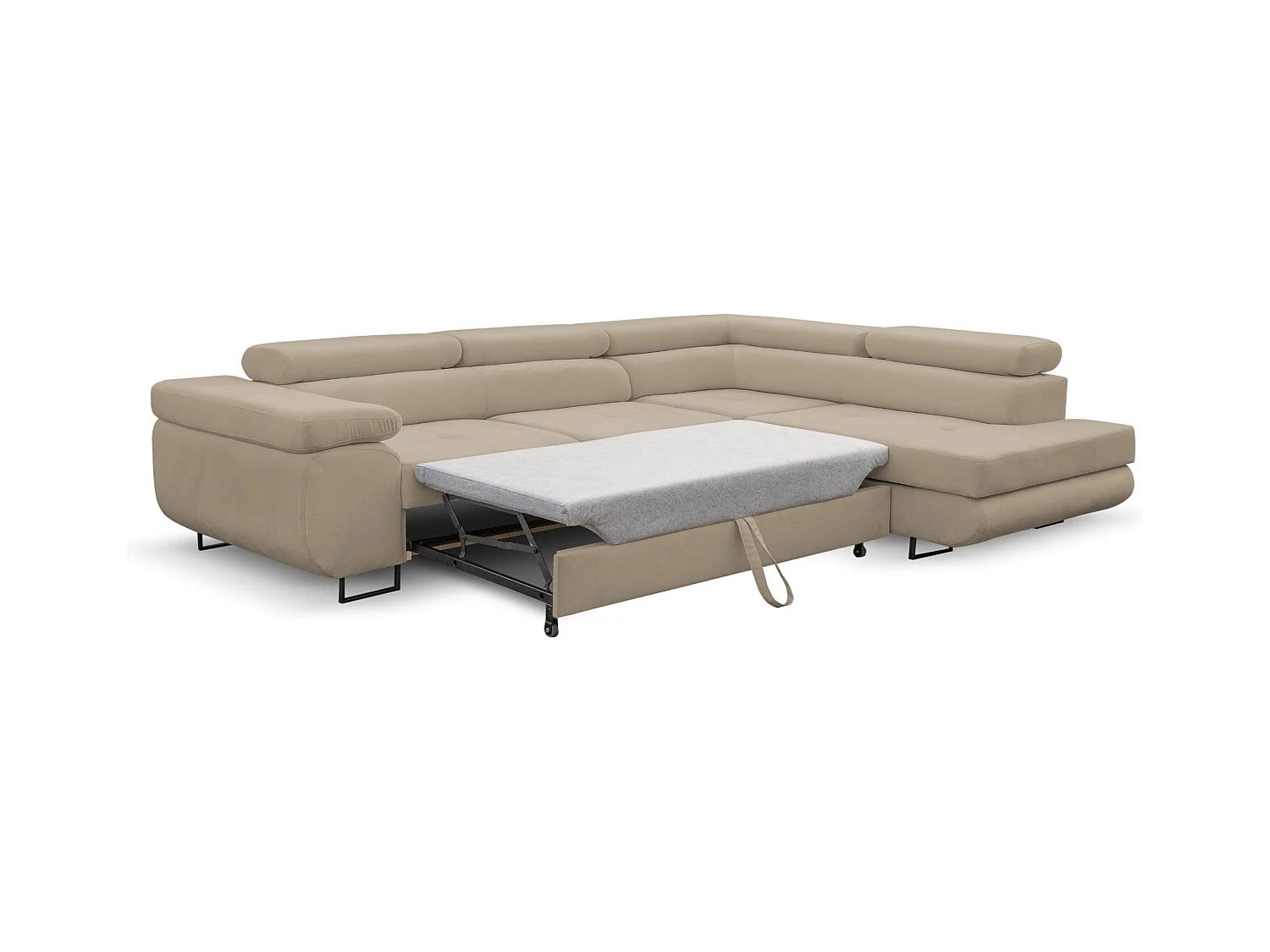 Canapé d'angle Jerry avec fonction couchage et coffre de rangement, couleur : beige, tissu velours, pouf à droite