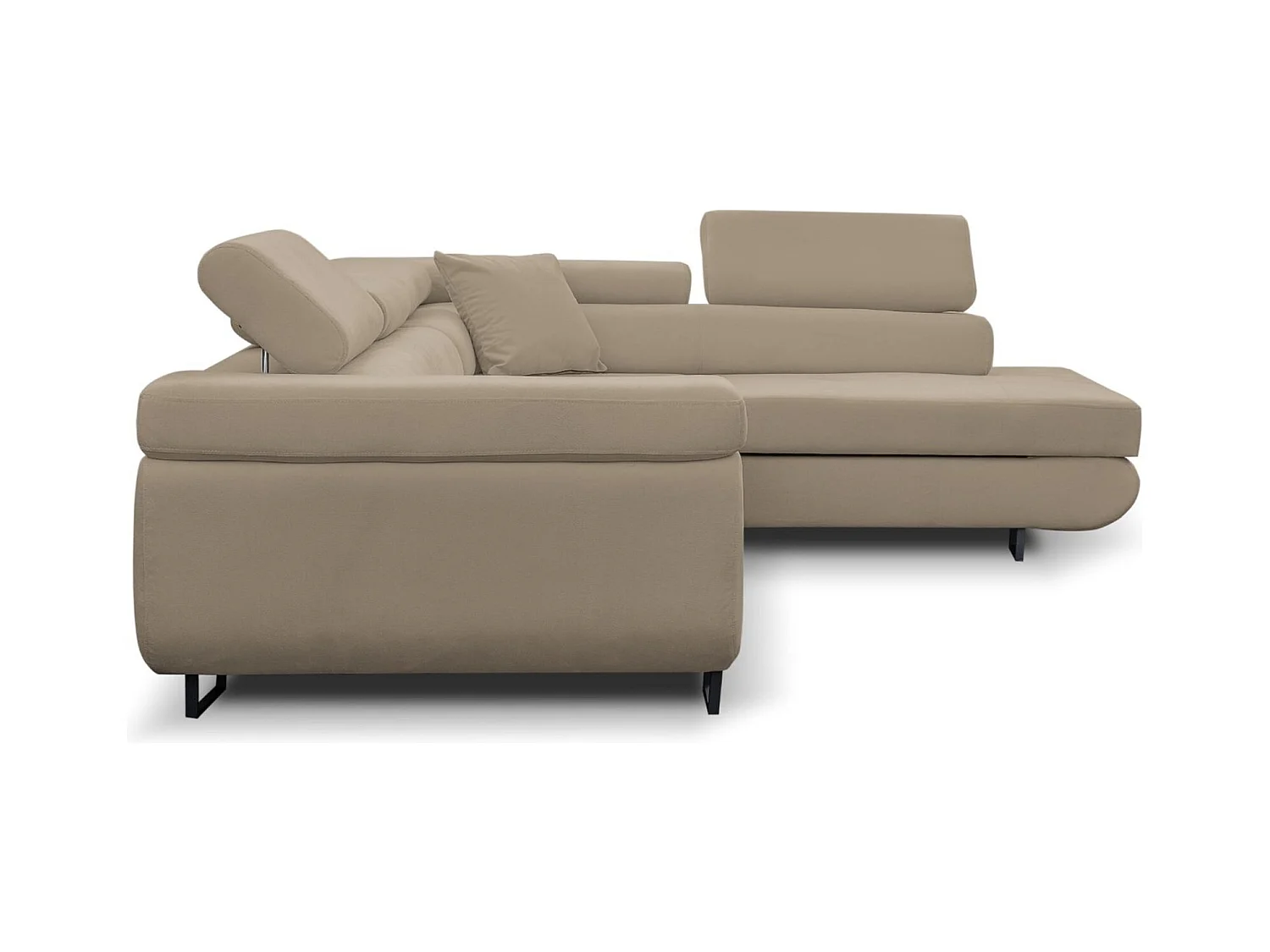 Canapé d'angle Jerry avec fonction couchage et coffre de rangement, couleur : beige, tissu velours, pouf à droite