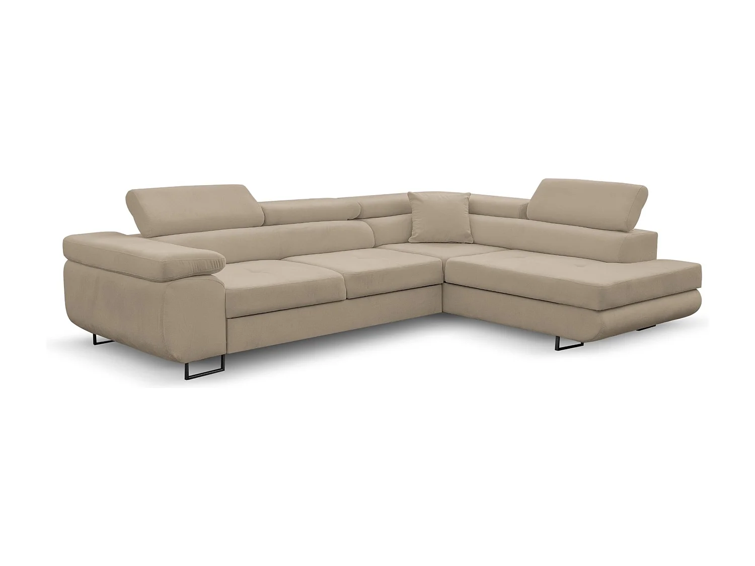 Canapé d'angle Jerry avec fonction couchage et coffre de rangement, couleur : beige, tissu velours, pouf à droite