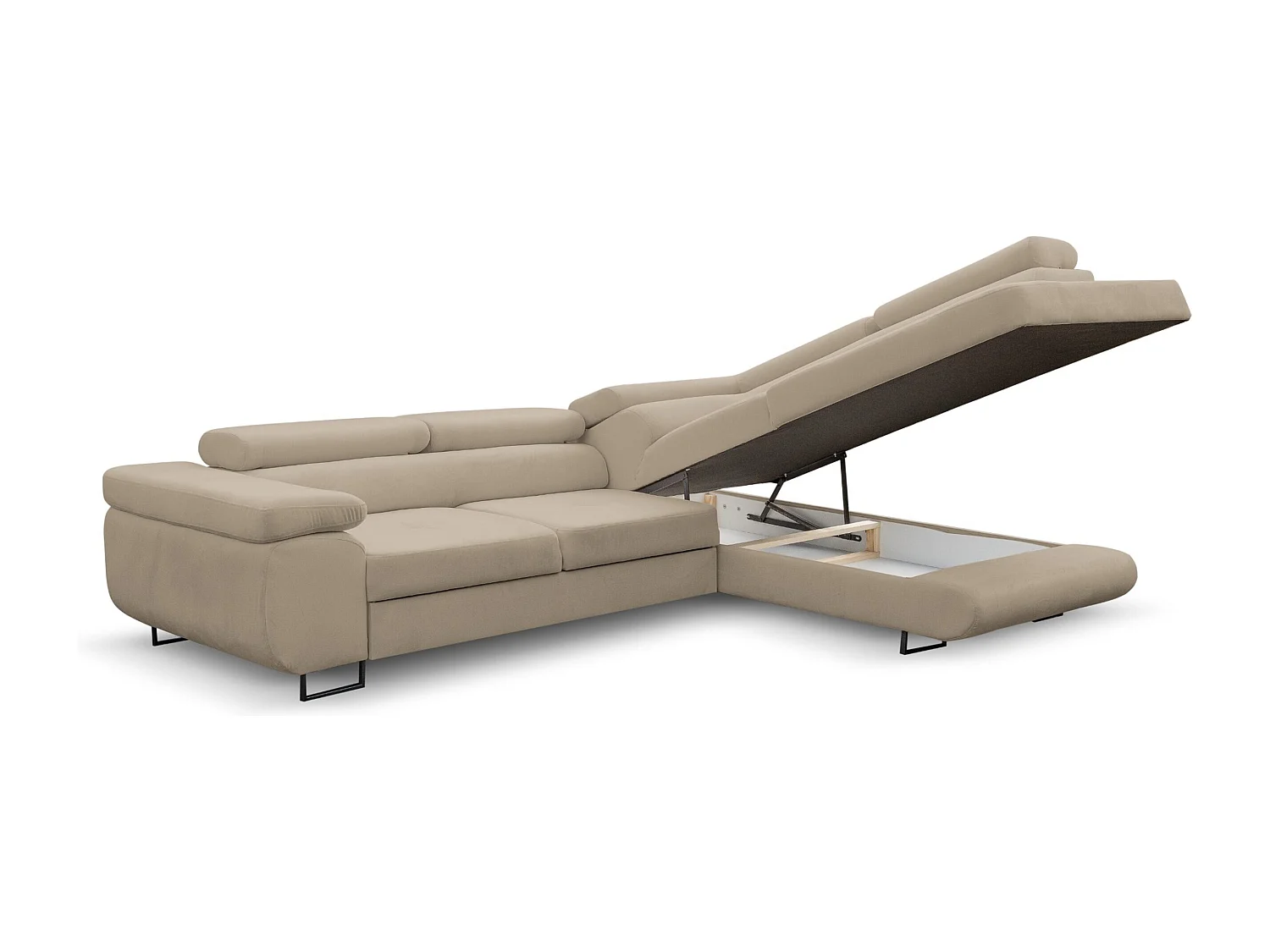 Canapé d'angle Jerry avec fonction couchage et coffre de rangement, couleur : beige, tissu velours, pouf à droite