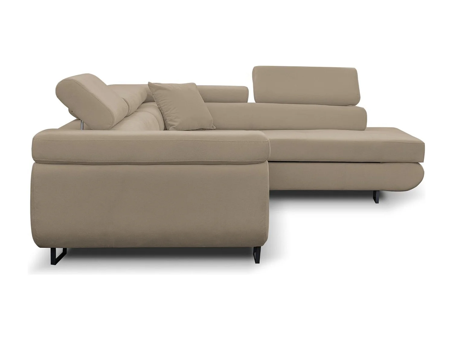 Canapé d'angle Jerry avec fonction couchage et coffre de rangement, couleur : beige, tissu velours, pouf à droite