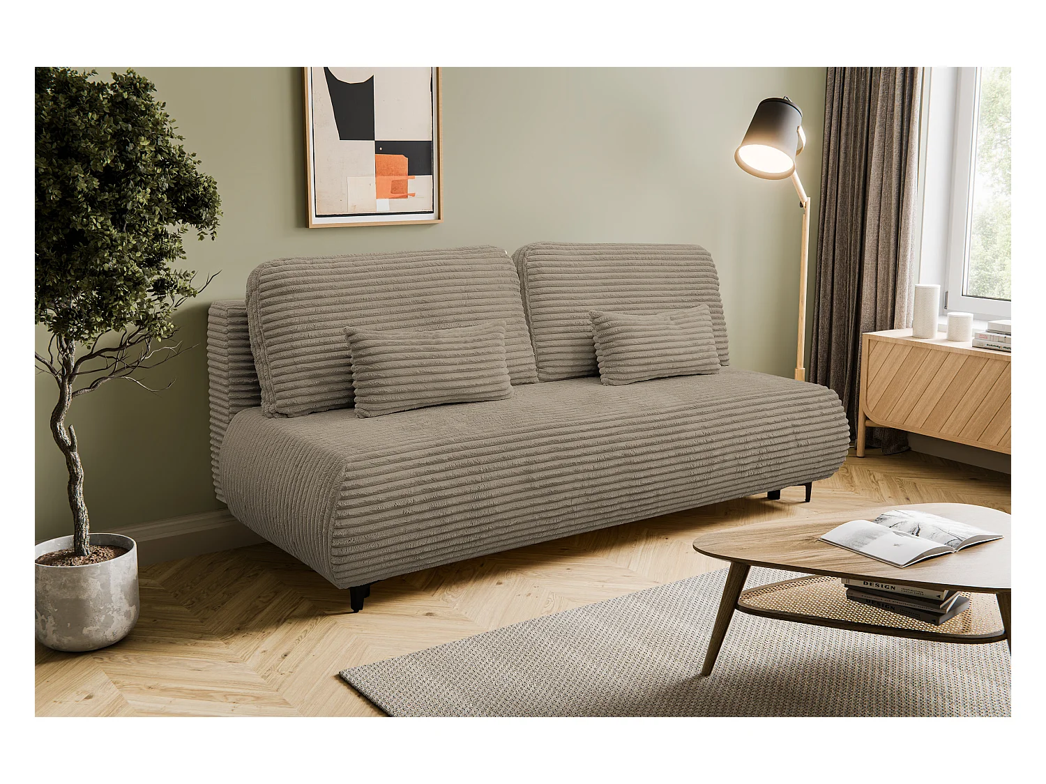 Canapé-lit Etna, canapé avec fonction couchage et coffre de rangement, couleur : marron, tissu cordé, pouf universel