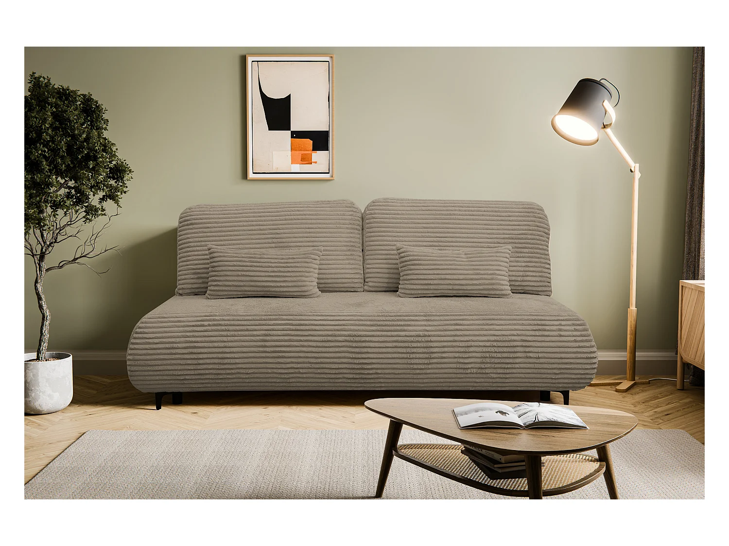 Canapé-lit Etna, canapé avec fonction couchage et coffre de rangement, couleur : marron, tissu cordé, pouf universel