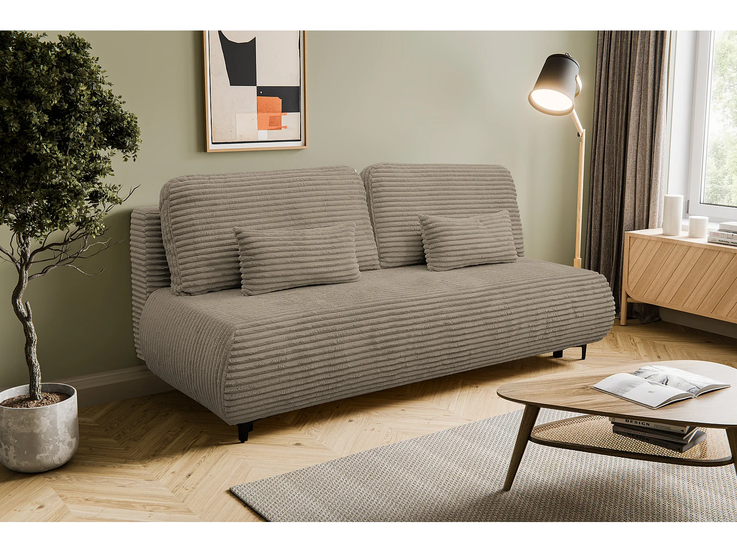 Canapé-lit Etna, canapé avec fonction couchage et coffre de rangement, couleur : marron, tissu cordé, pouf universel