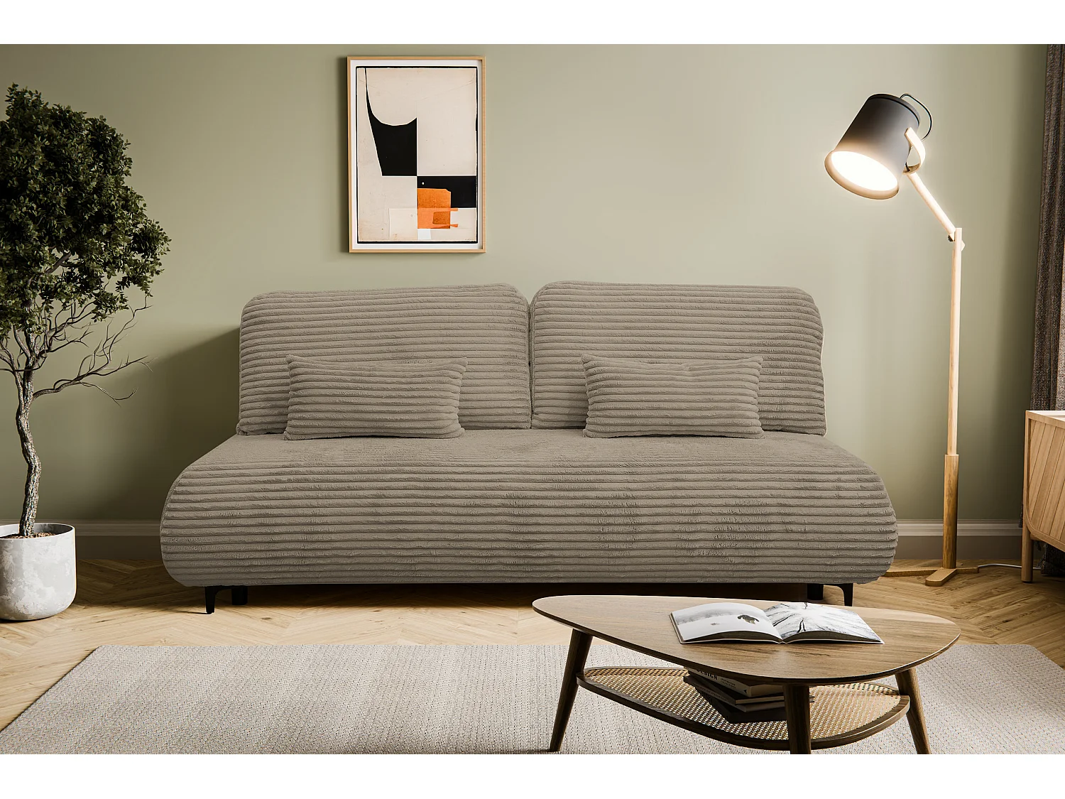 Canapé-lit Etna, canapé avec fonction couchage et coffre de rangement, couleur : marron, tissu cordé, pouf universel