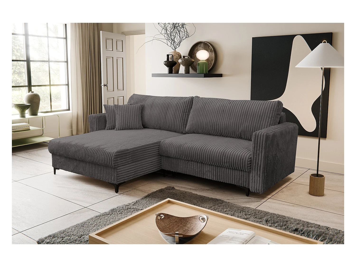 Canapé d'angle Como avec fonction couchage et coffre de rangement, couleur : gris, tissu cordé, pouf à gauche