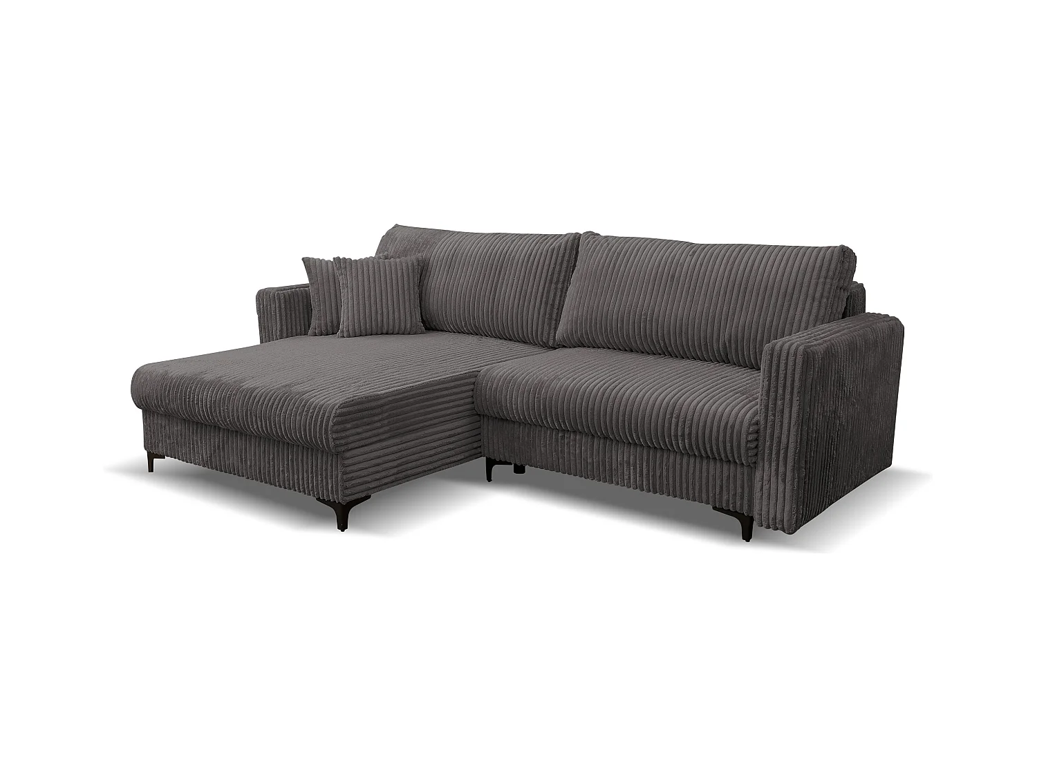 Canapé d'angle Como avec fonction couchage et coffre de rangement, couleur : gris, tissu cordé, pouf à gauche