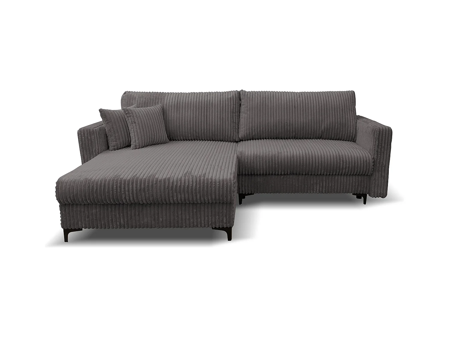 Canapé d'angle Como avec fonction couchage et coffre de rangement, couleur : gris, tissu cordé, pouf à gauche