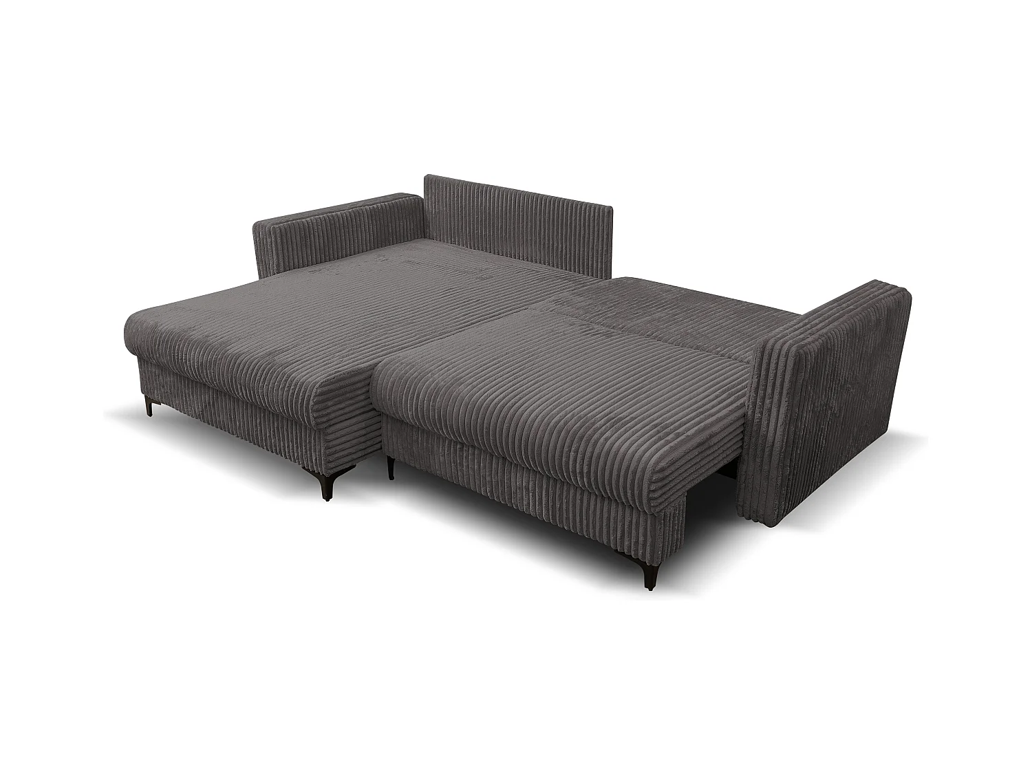 Canapé d'angle Como avec fonction couchage et coffre de rangement, couleur : gris, tissu cordé, pouf à gauche