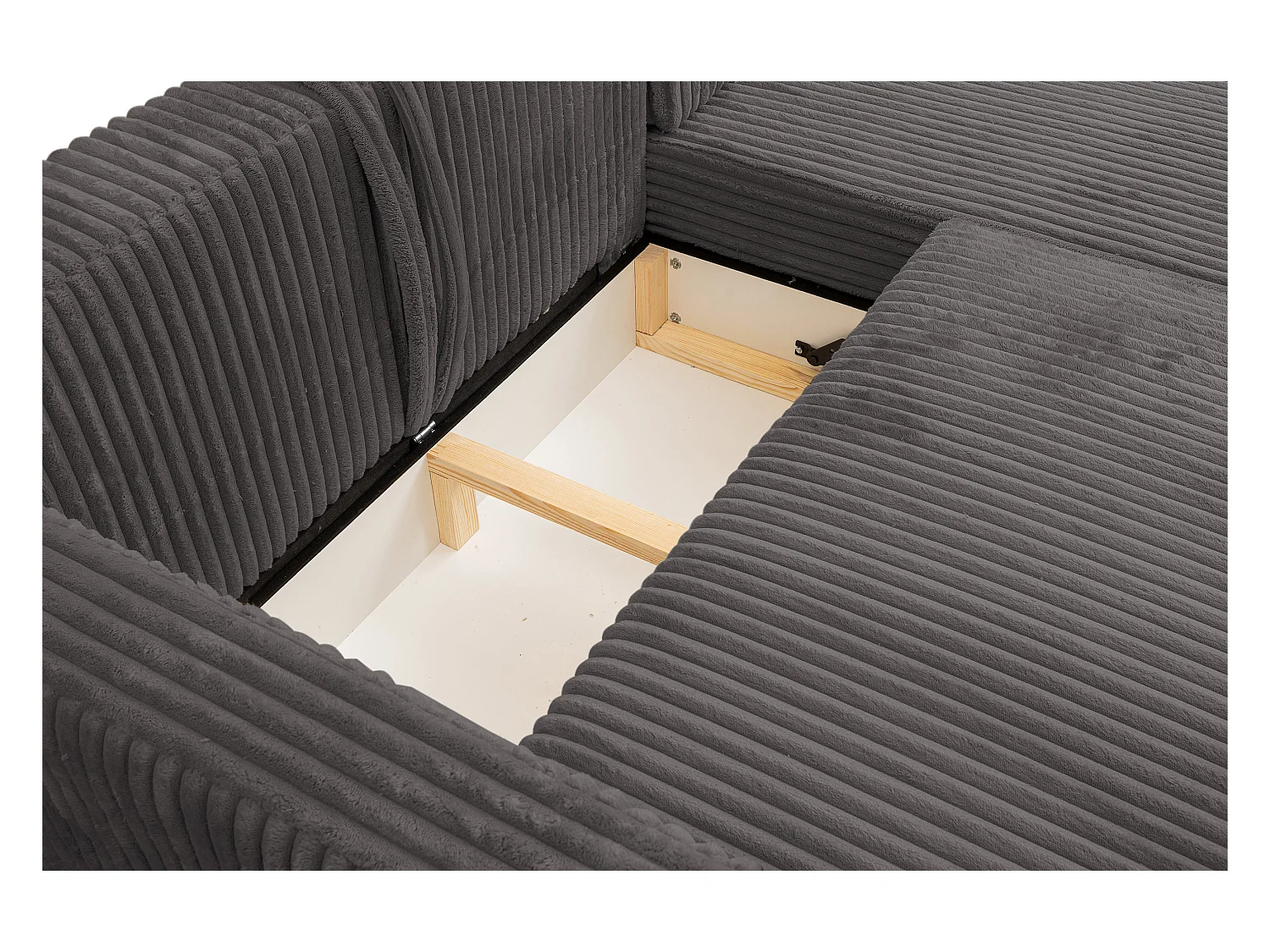 Canapé d'angle Como avec fonction couchage et coffre de rangement, couleur : gris, tissu cordé, pouf à gauche