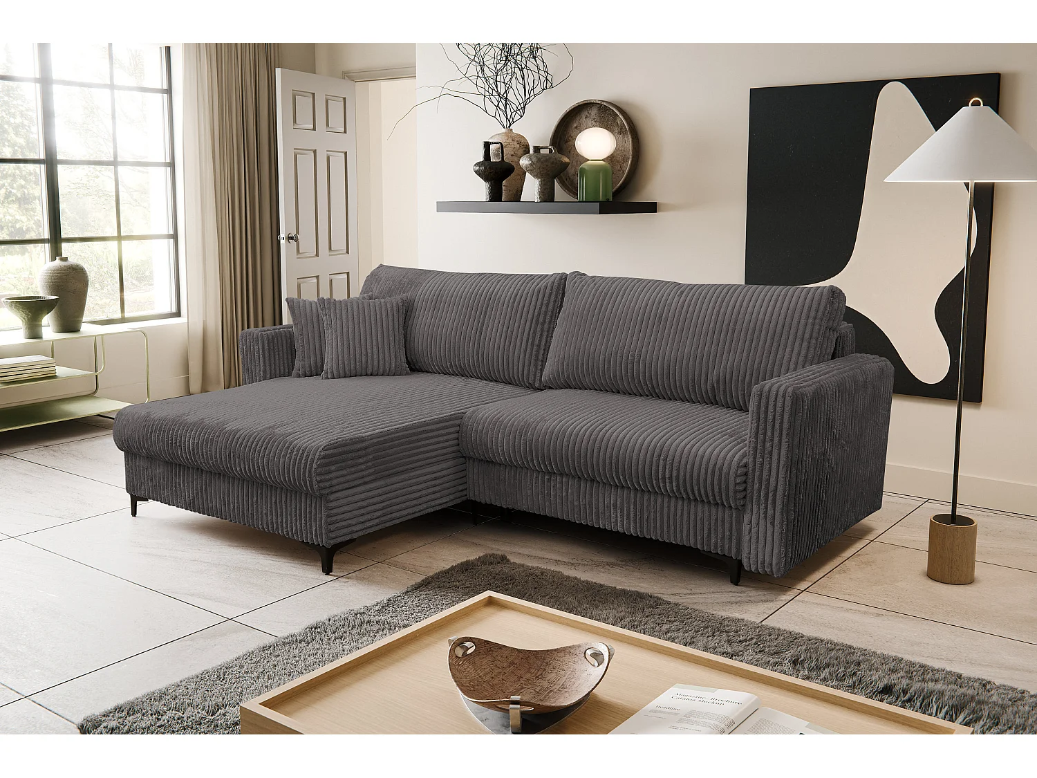 Canapé d'angle Como avec fonction couchage et coffre de rangement, couleur : gris, tissu cordé, pouf à gauche