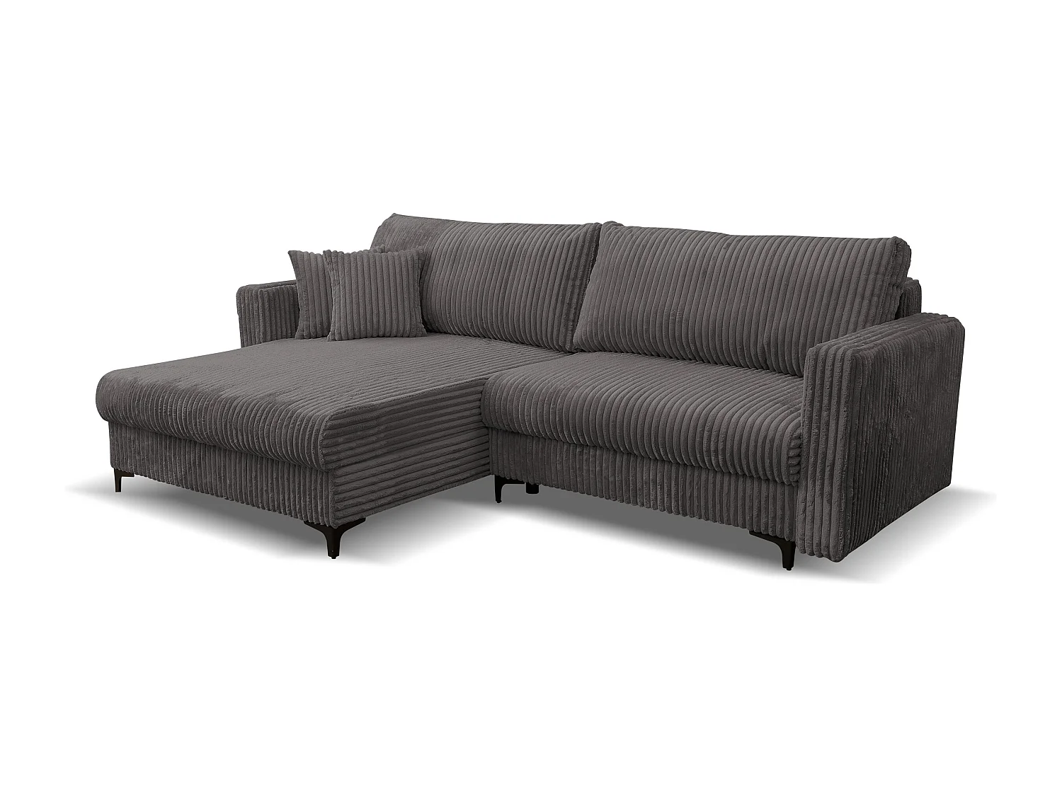 Canapé d'angle Como avec fonction couchage et coffre de rangement, couleur : gris, tissu cordé, pouf à gauche