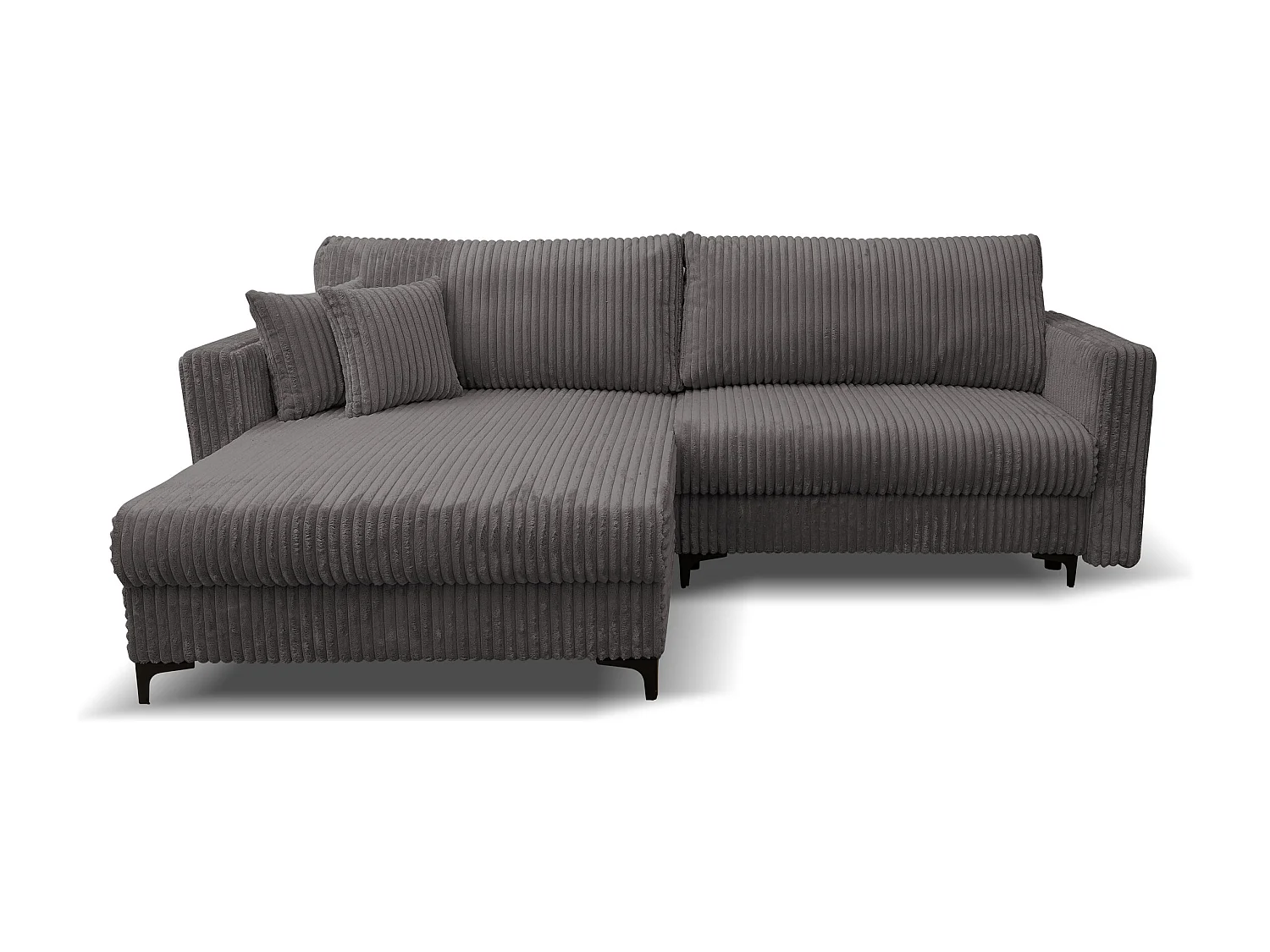 Canapé d'angle Como avec fonction couchage et coffre de rangement, couleur : gris, tissu cordé, pouf à gauche