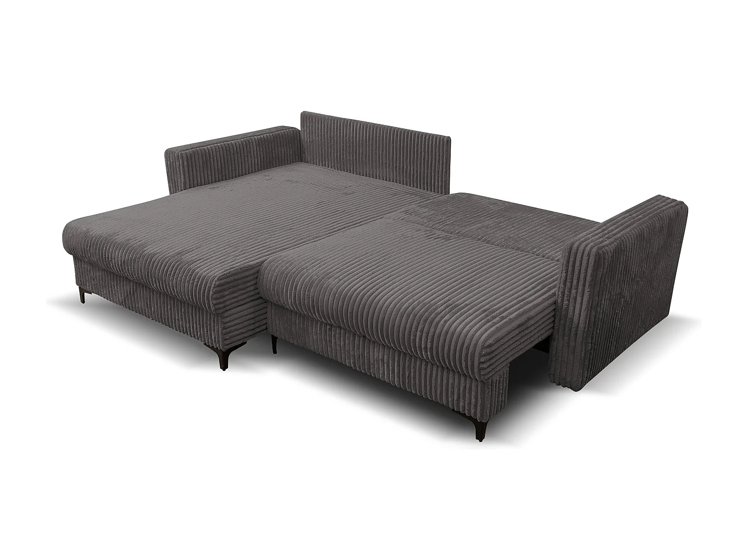 Canapé d'angle Como avec fonction couchage et coffre de rangement, couleur : gris, tissu cordé, pouf à gauche