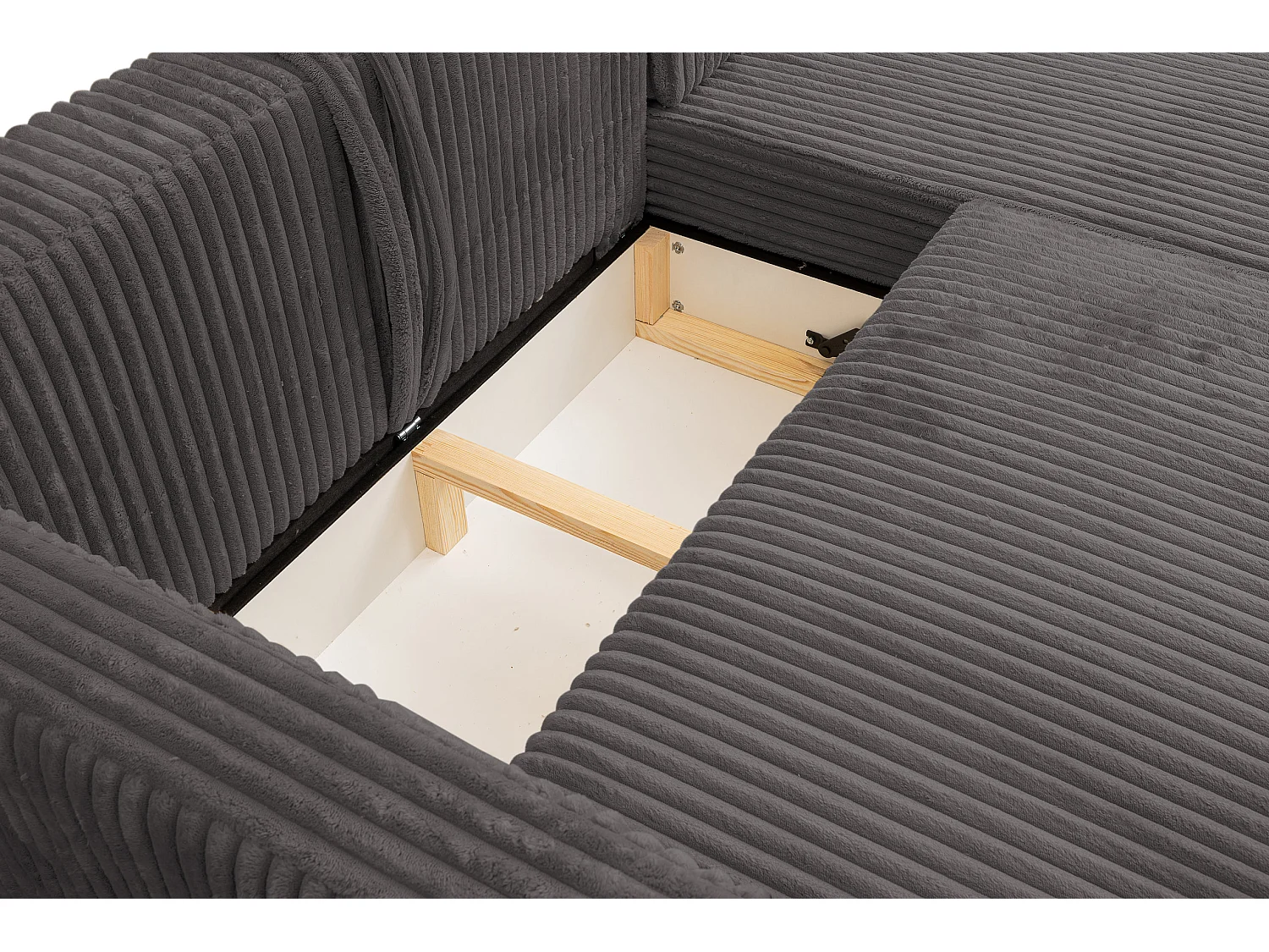 Canapé d'angle Como avec fonction couchage et coffre de rangement, couleur : gris, tissu cordé, pouf à gauche