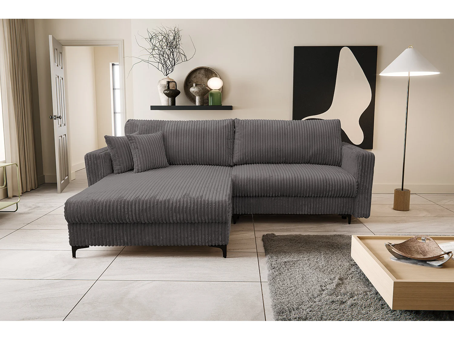 Canapé d'angle Como avec fonction couchage et coffre de rangement, couleur : gris, tissu cordé, pouf à gauche