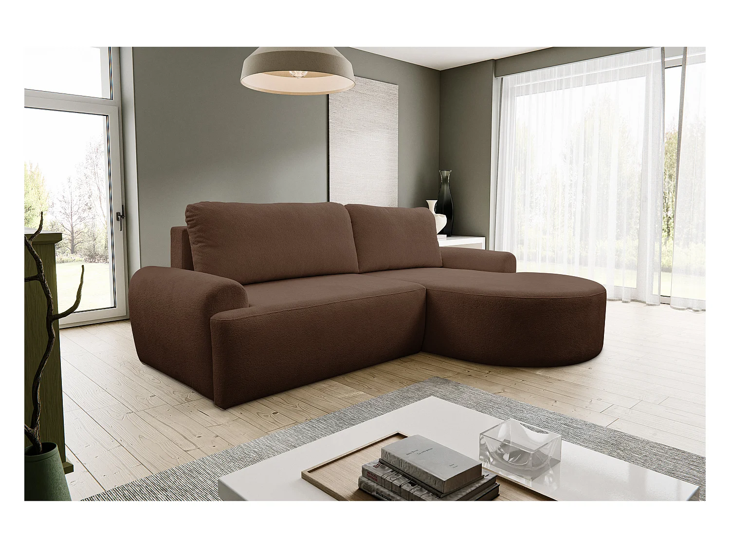 Canapé d'angle Dream avec fonction couchage et coffre de rangement, couleur : brun foncé, tissu bouclé, pouf à droite