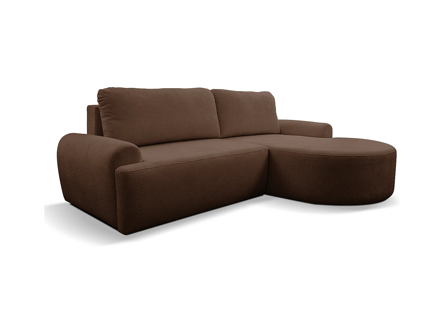 Canapé d'angle Dream avec fonction couchage et coffre de rangement, couleur : brun foncé, tissu bouclé, pouf à droite