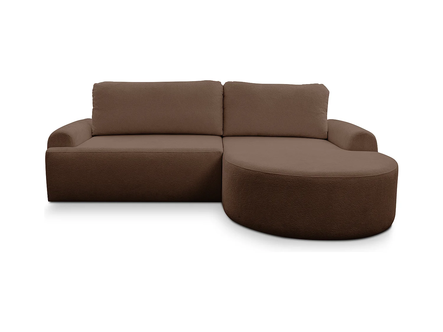 Canapé d'angle Dream avec fonction couchage et coffre de rangement, couleur : brun foncé, tissu bouclé, pouf à droite