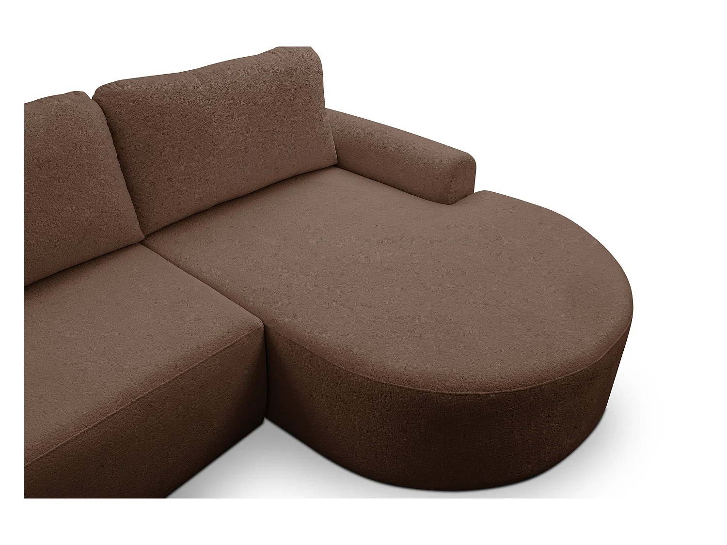 Canapé d'angle Dream avec fonction couchage et coffre de rangement, couleur : brun foncé, tissu bouclé, pouf à droite